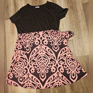 NEW Nemidor Dress Pink Black Short Sleeve Midi Fit Flare Pockets Boho Print Knee